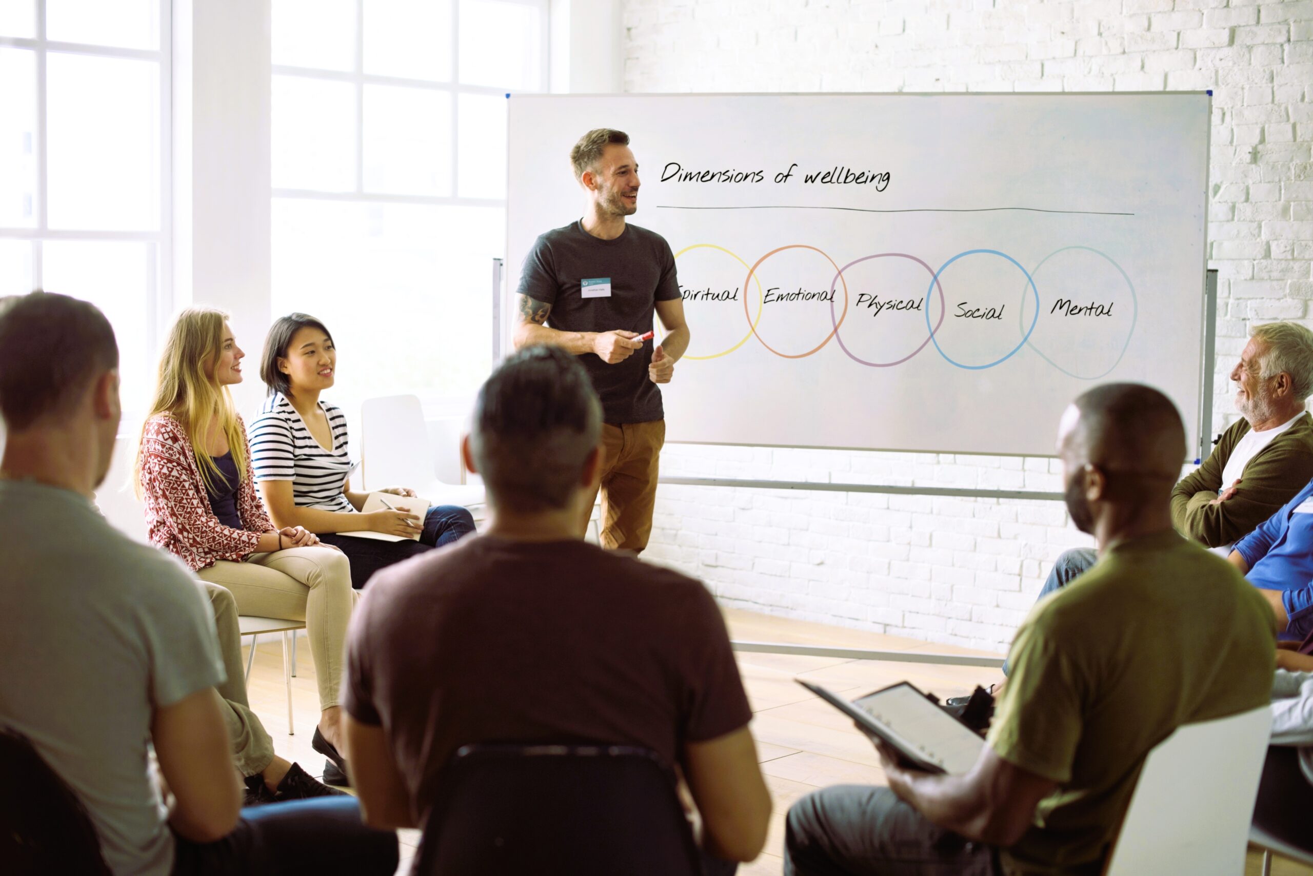 A presenter discusses the "Dimensions of Wellbeing" during a workshop, with an engaged audience attentive to the whiteboard's key concepts.